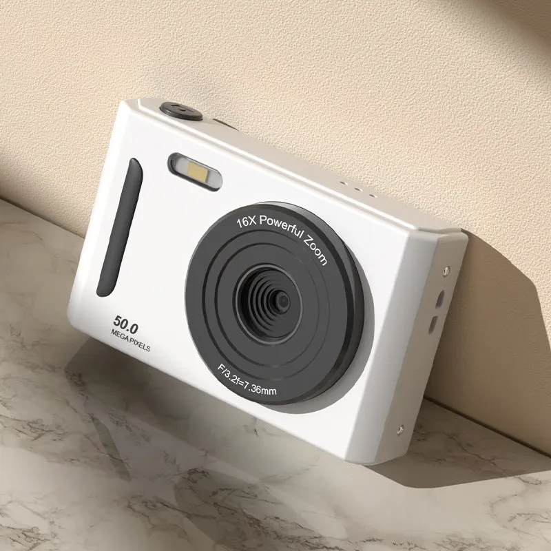 CCD student camera with dual front and rear cameras, HD screen, available in pink and black colours