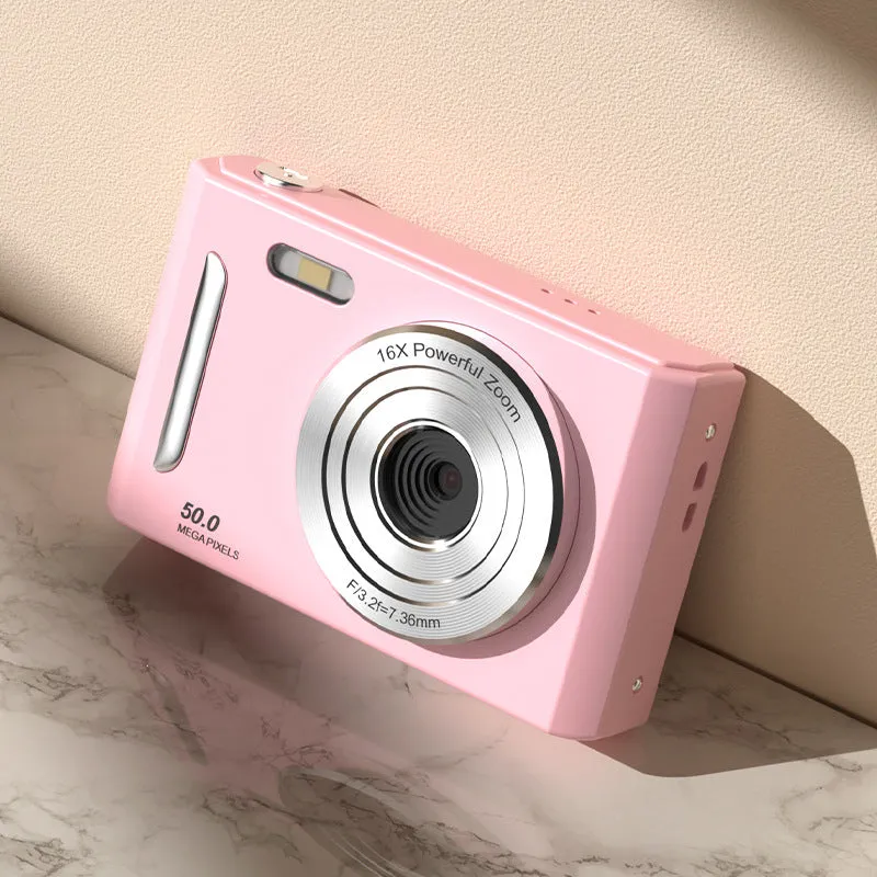 CCD student camera with dual front and rear cameras, HD screen, available in pink and black colours