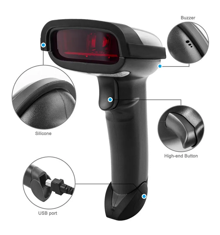Black wireless handheld laser barcode scanner with USB cable.