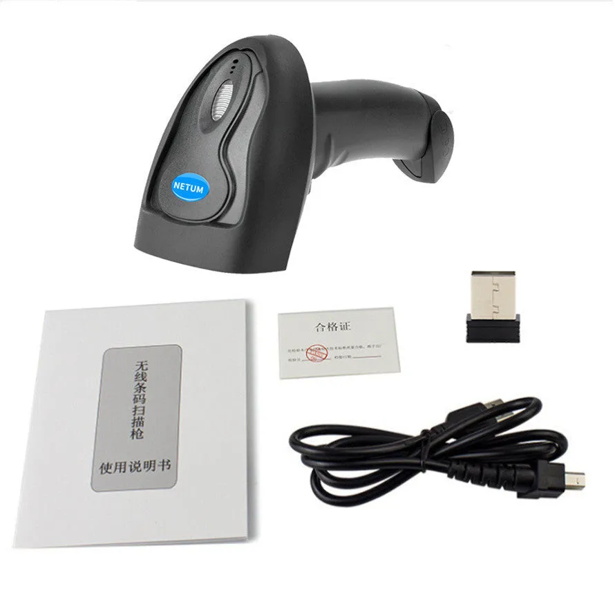 Black wireless handheld laser barcode scanner with USB cable.