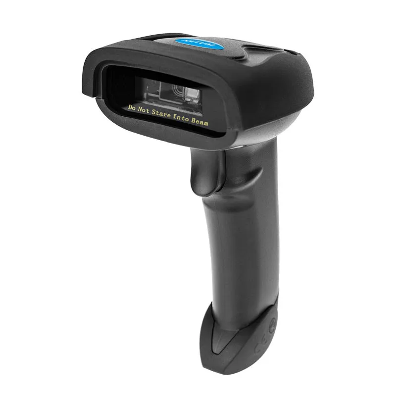 Black wireless handheld laser barcode scanner with USB cable.