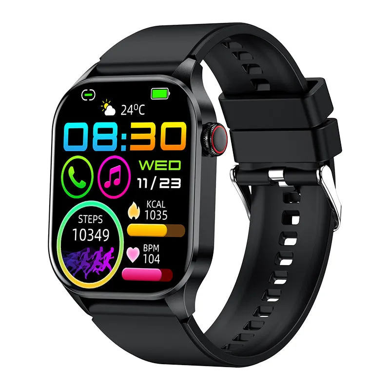 Smartwatch T98 with AMOLED screen showing health data on wrist in black colour