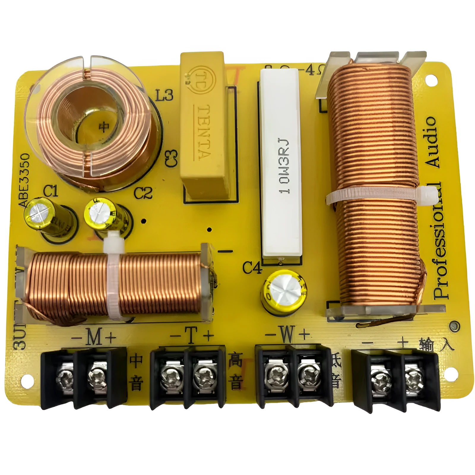 Three-way audio crossover board with 400W rating, solderless terminals, and through-hole mounting points