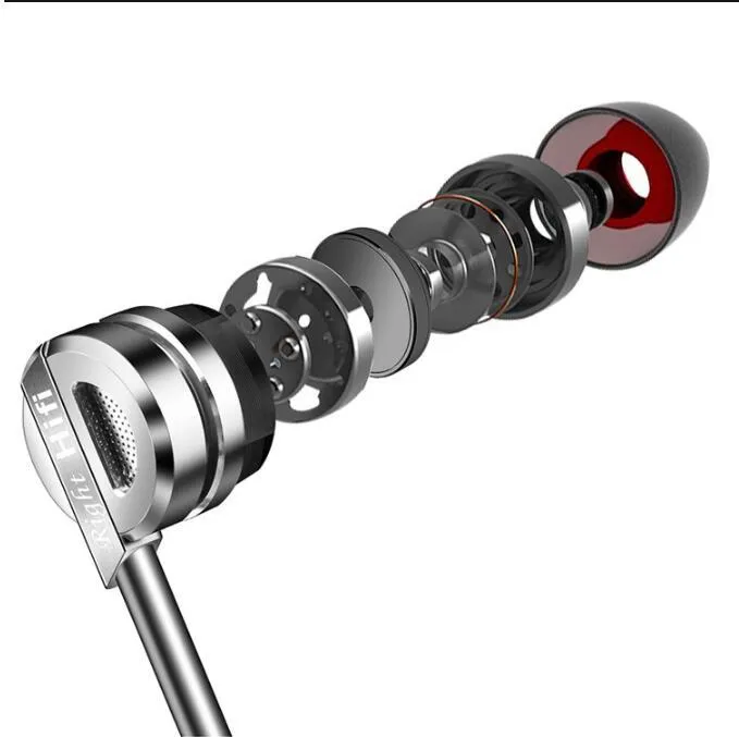 Black and silver metal HIFI earphones with wire controls showing double moving coil and dual horn bass design