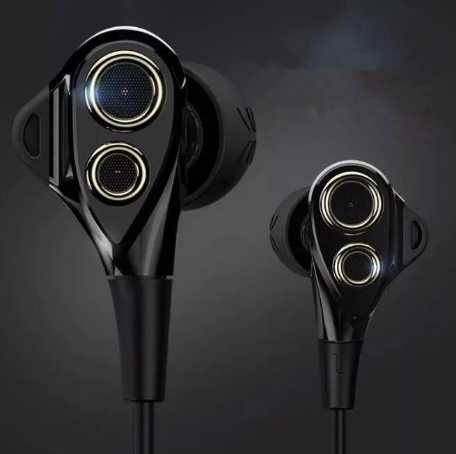 Black and silver metal HIFI earphones with wire controls showing double moving coil and dual horn bass design