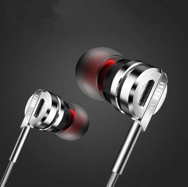 Black and silver metal HIFI earphones with wire controls showing double moving coil and dual horn bass design