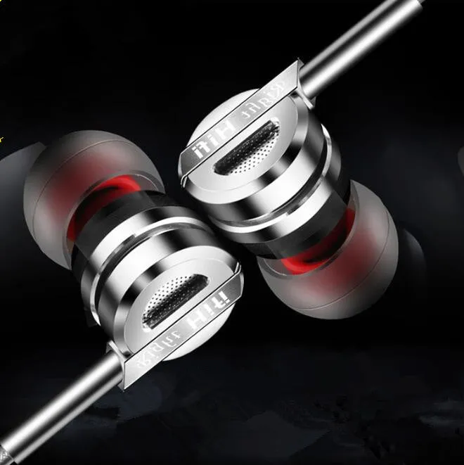 Black and silver metal HIFI earphones with wire controls showing double moving coil and dual horn bass design