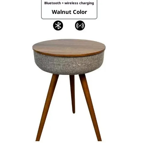 Round smart side table with wood texture finish, built-in Bluetooth speaker and wireless charging pad for home and outdoor use