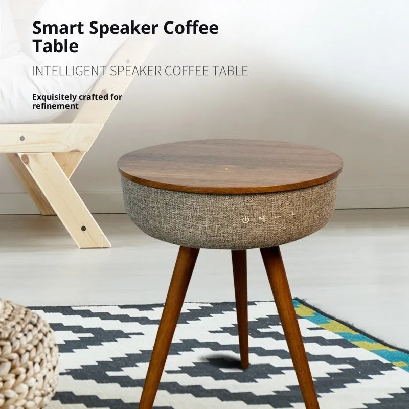 Round smart side table with wood texture finish, built-in Bluetooth speaker and wireless charging pad for home and outdoor use