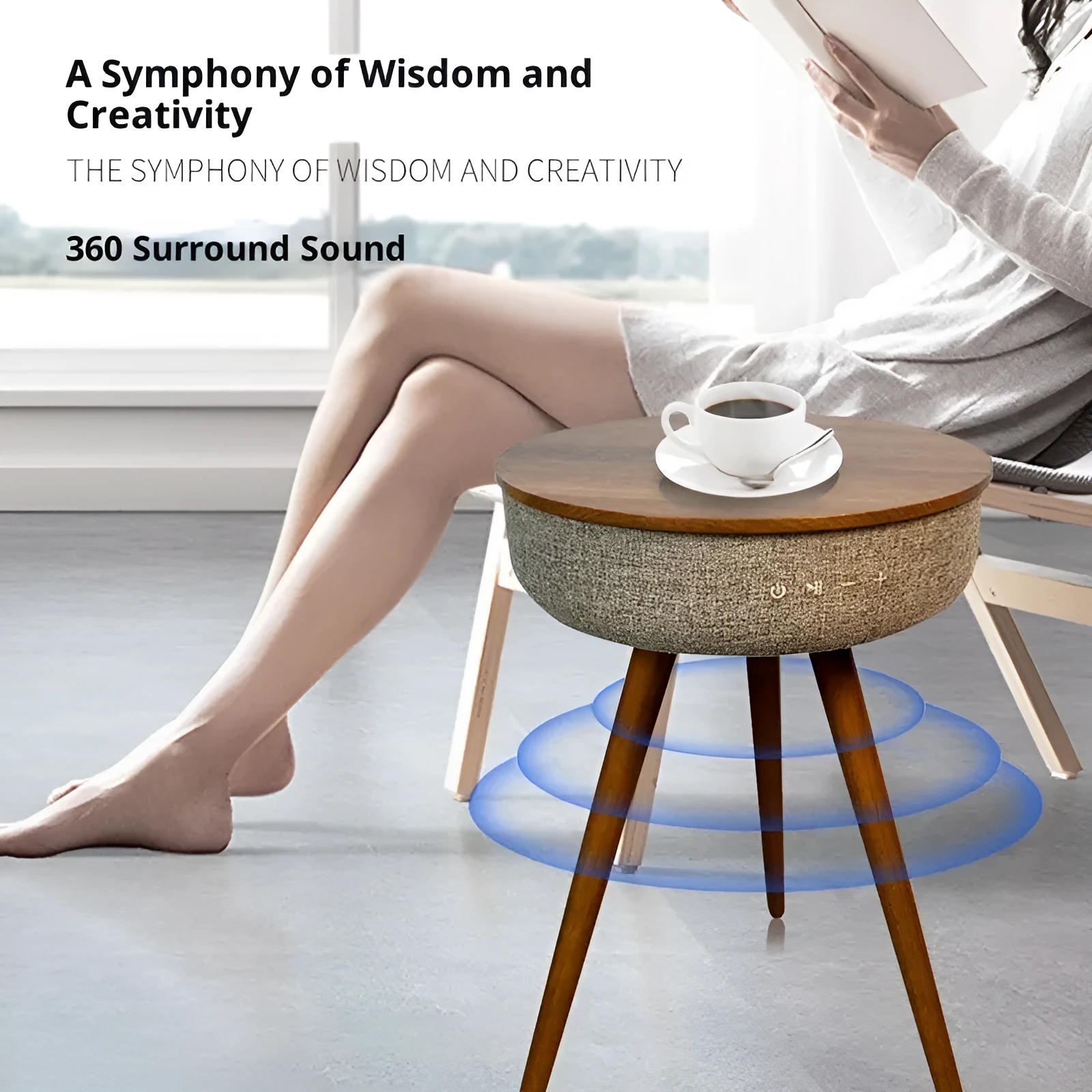 Round smart side table with wood texture finish, built-in Bluetooth speaker and wireless charging pad for home and outdoor use