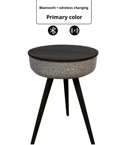 Round smart side table with wood texture finish, built-in Bluetooth speaker and wireless charging pad for home and outdoor use