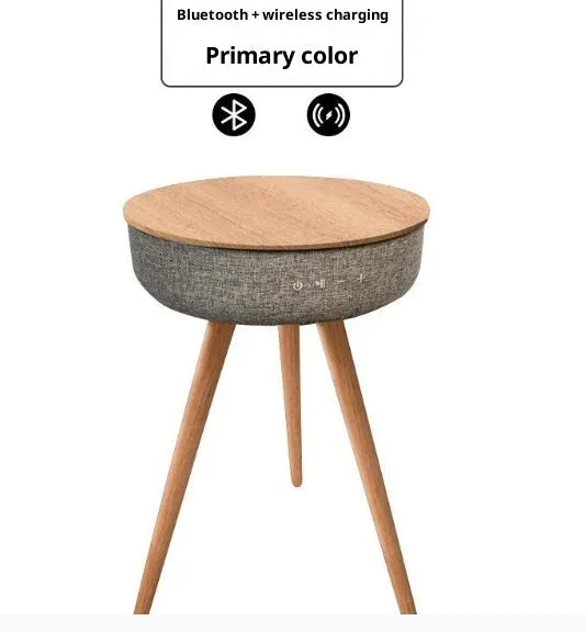 Round smart side table with wood texture finish, built-in Bluetooth speaker and wireless charging pad for home and outdoor use