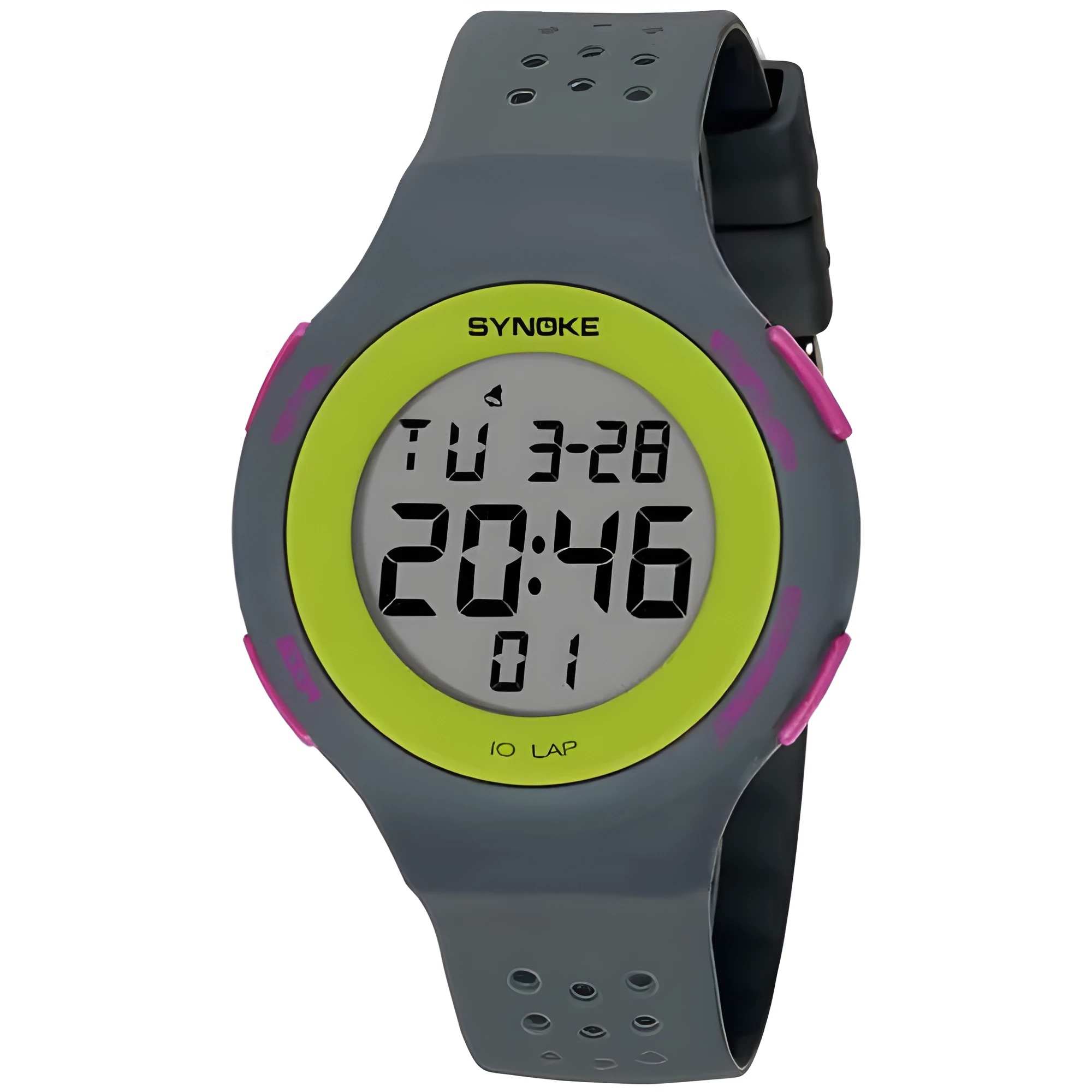 Thin black electronic sports watch with digital display showing time, worn on wrist.