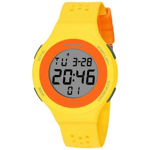 Thin black electronic sports watch with digital display showing time, worn on wrist.