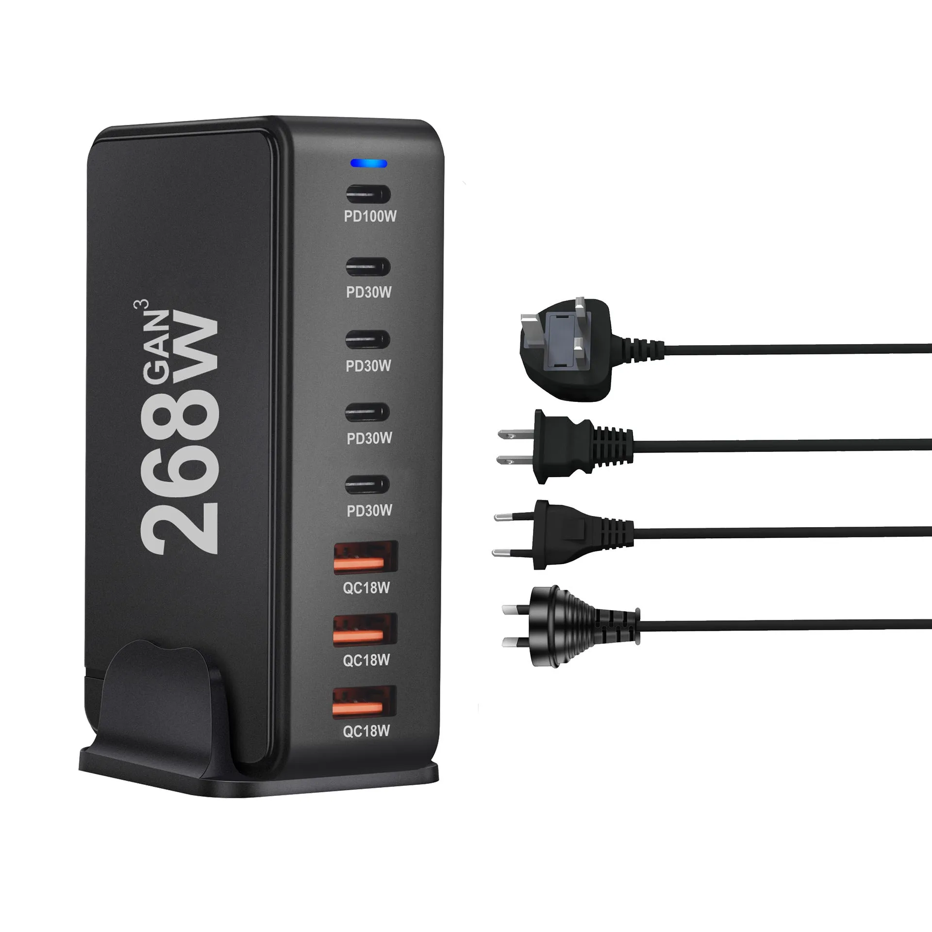 268W gallium nitride desktop charger with eight ports, white colour, Type-C and USB-A connections