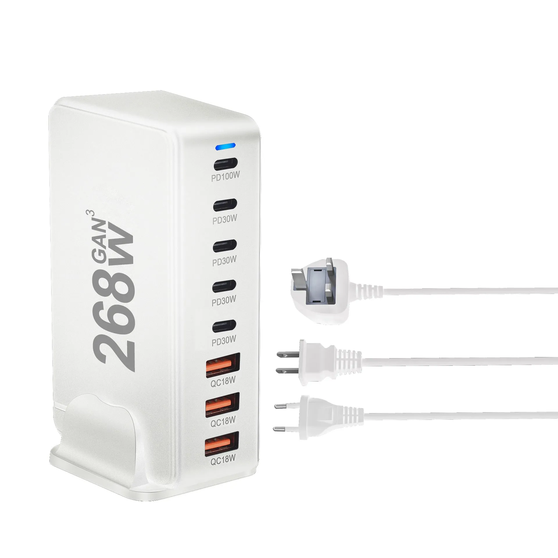 268W gallium nitride desktop charger with eight ports, white colour, Type-C and USB-A connections