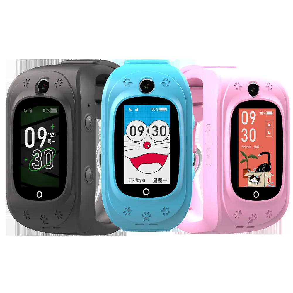 Children's multifunctional waterproof smart watch with touch screen TFT display in pink, blue, and black colours