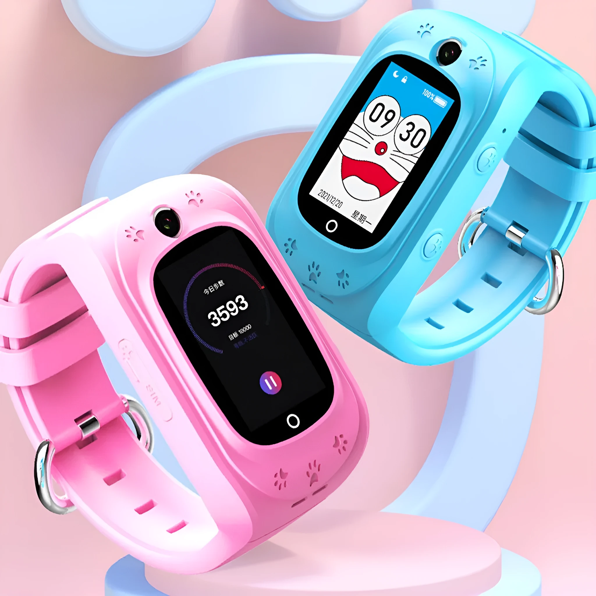 Children's multifunctional waterproof smart watch with touch screen TFT display in pink, blue, and black colours