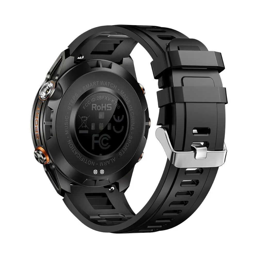 KT80 Smart Watch with Full HD screen and black silicone strap showing heart rate monitor display