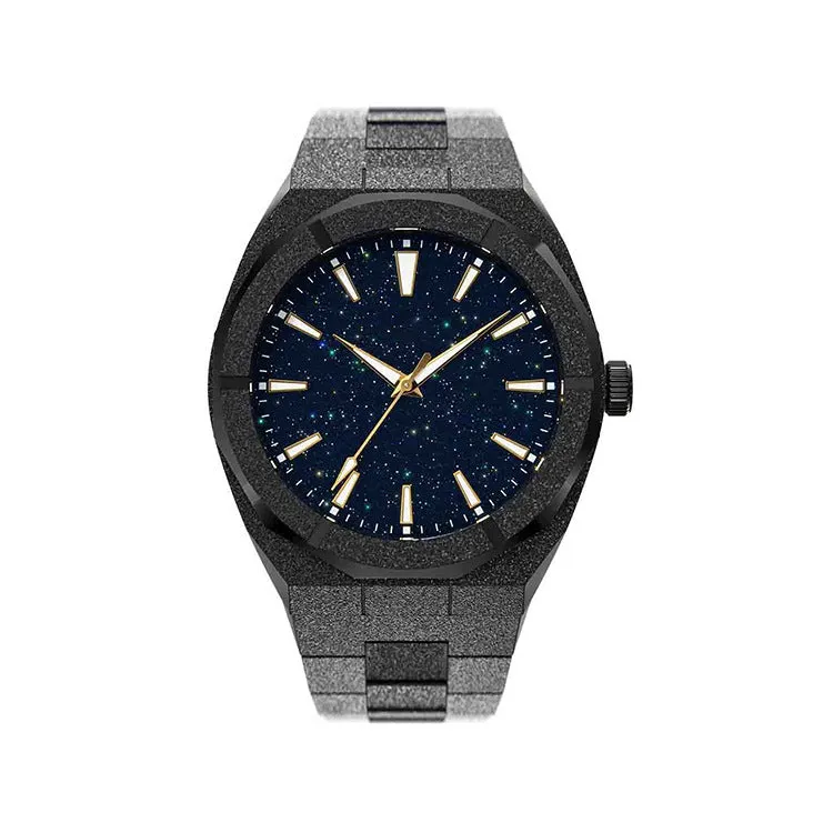 Stainless steel men's watch with 42mm dial, quartz movement, and butterfly buckle in gold colour