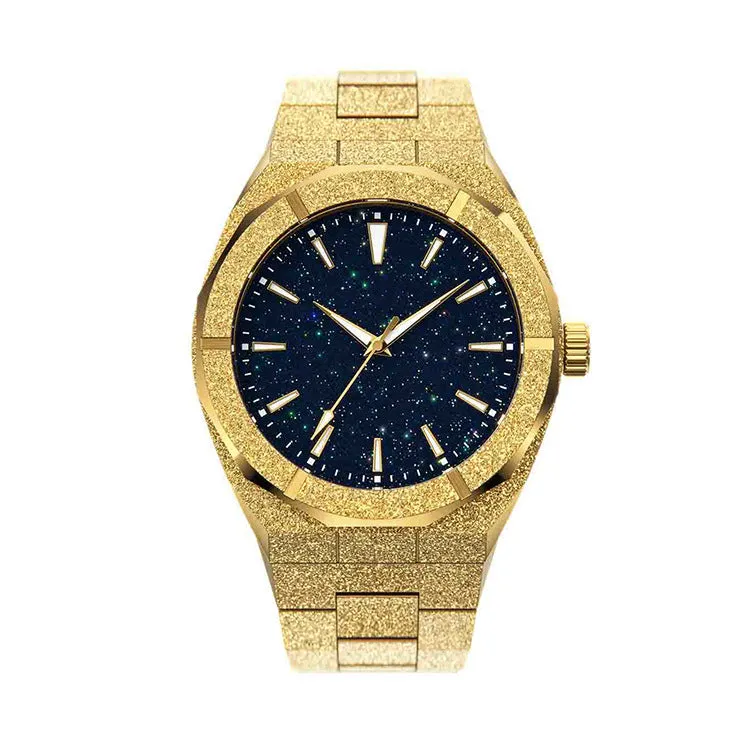 Stainless steel men's watch with 42mm dial, quartz movement, and butterfly buckle in gold colour