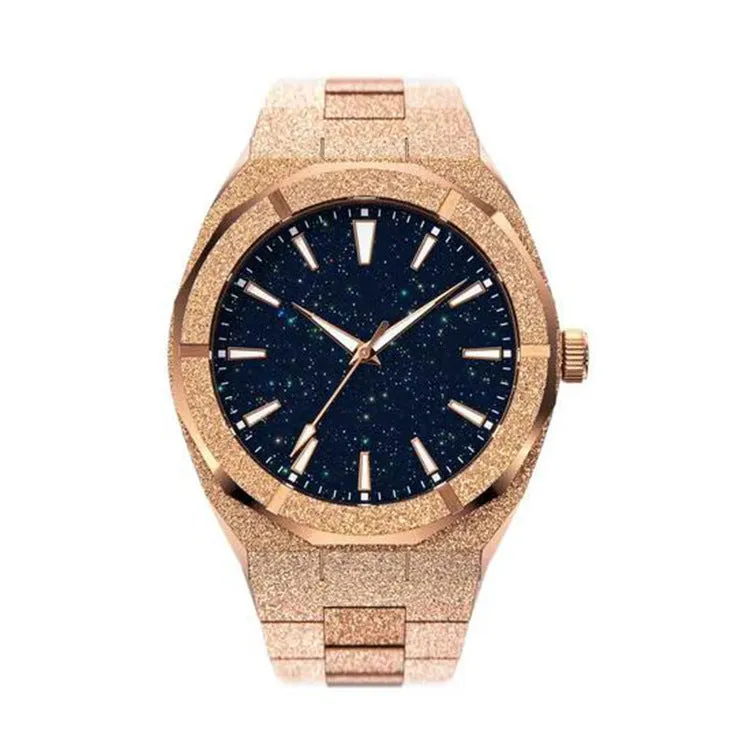 Stainless steel men's watch with 42mm dial, quartz movement, and butterfly buckle in gold colour