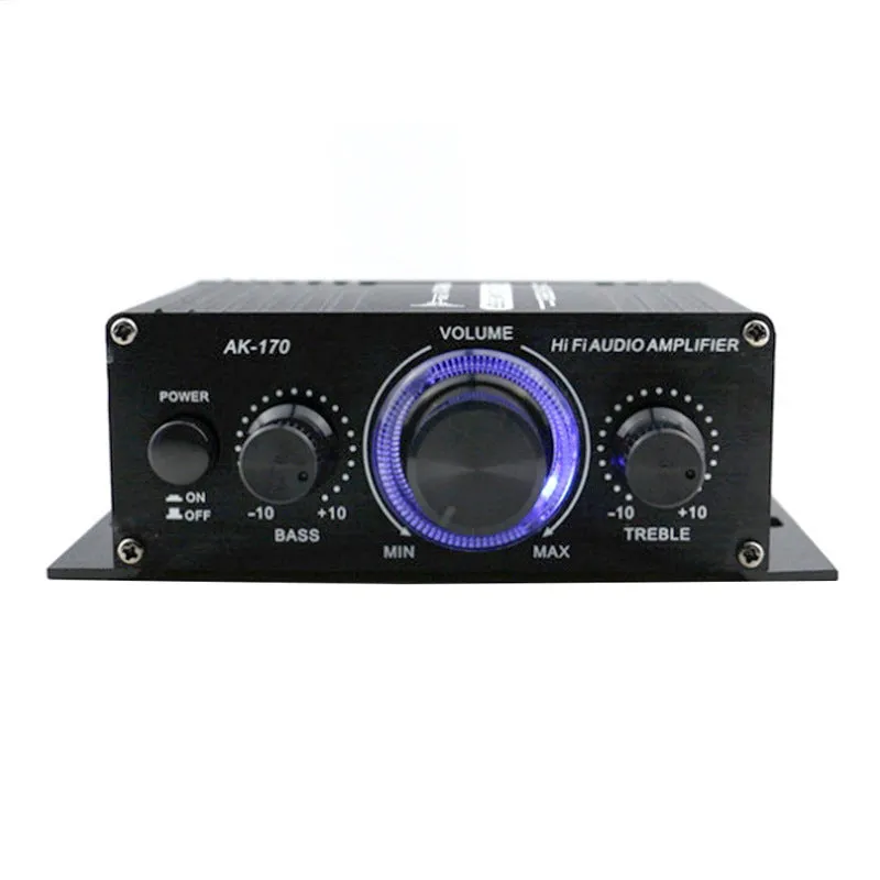 Mini small amplifier black 20W stereo with RCA input and cable clip outputs for home computer audio