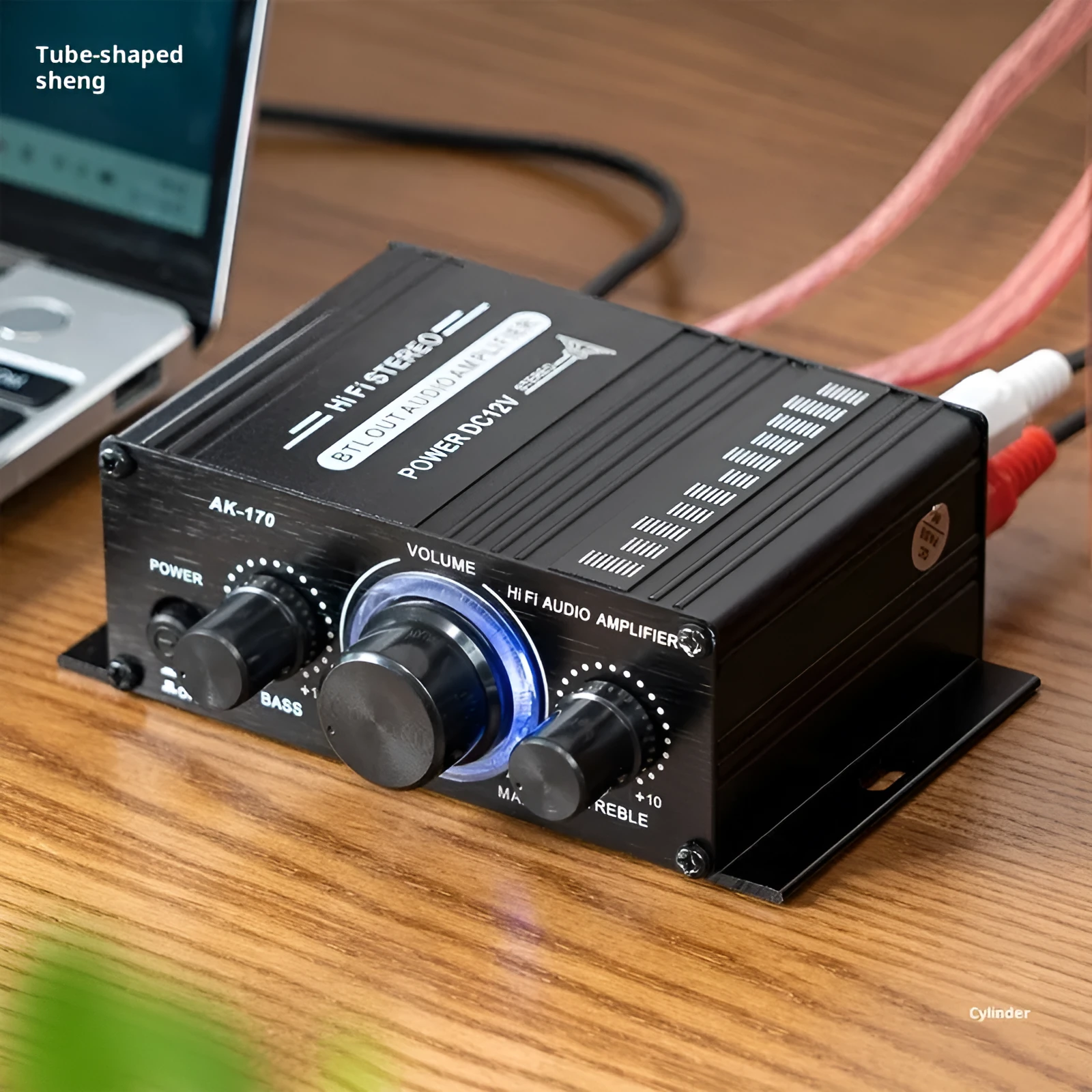 Mini small amplifier black 20W stereo with RCA input and cable clip outputs for home computer audio
