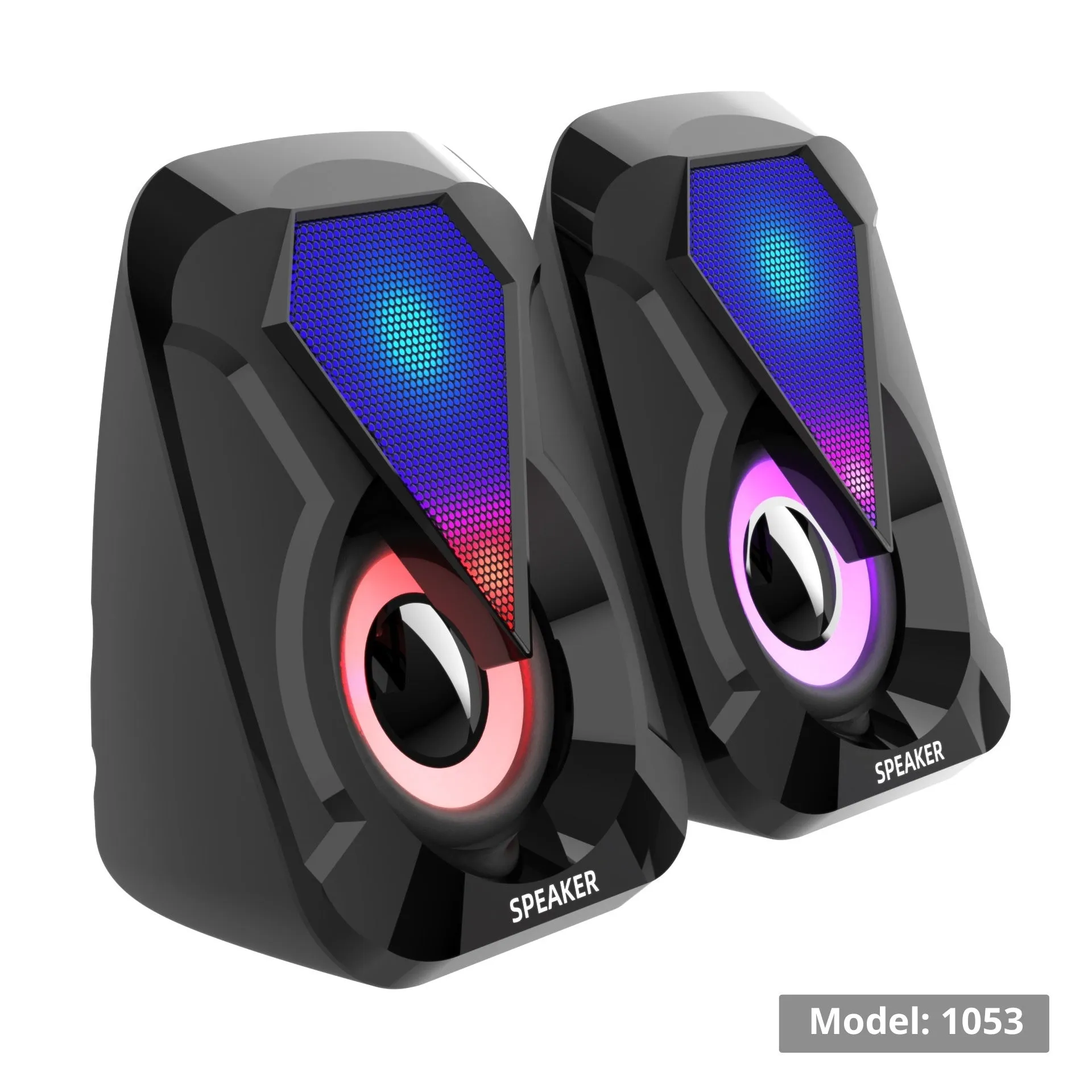 Two plastic-shell USB-powered desktop mini speakers for computer audio, 2.0 channel set