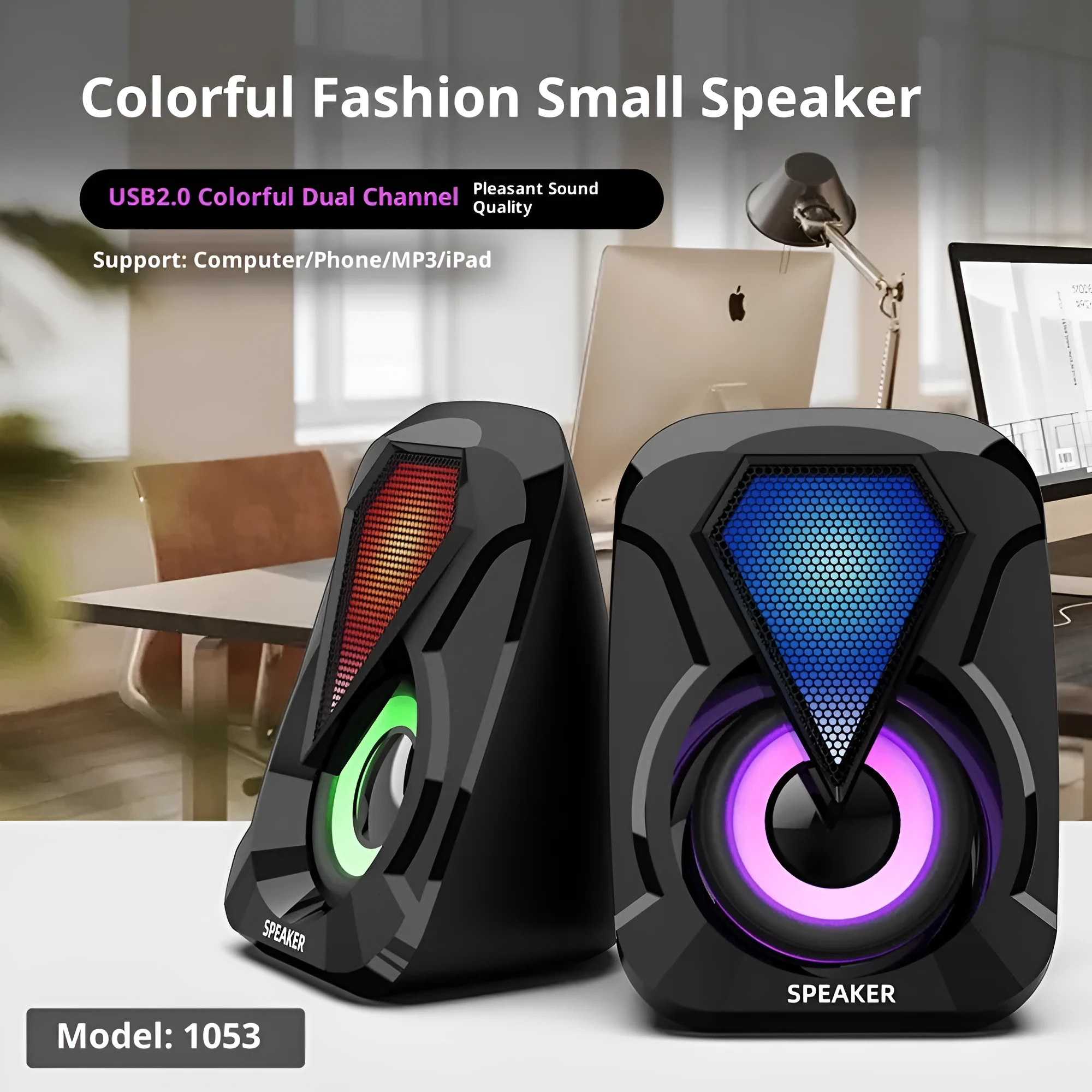 Two plastic-shell USB-powered desktop mini speakers for computer audio, 2.0 channel set