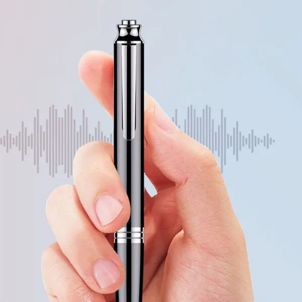 Black pen-style USB voice recorder MP3 player showing 120mm length and integrated USB connector.