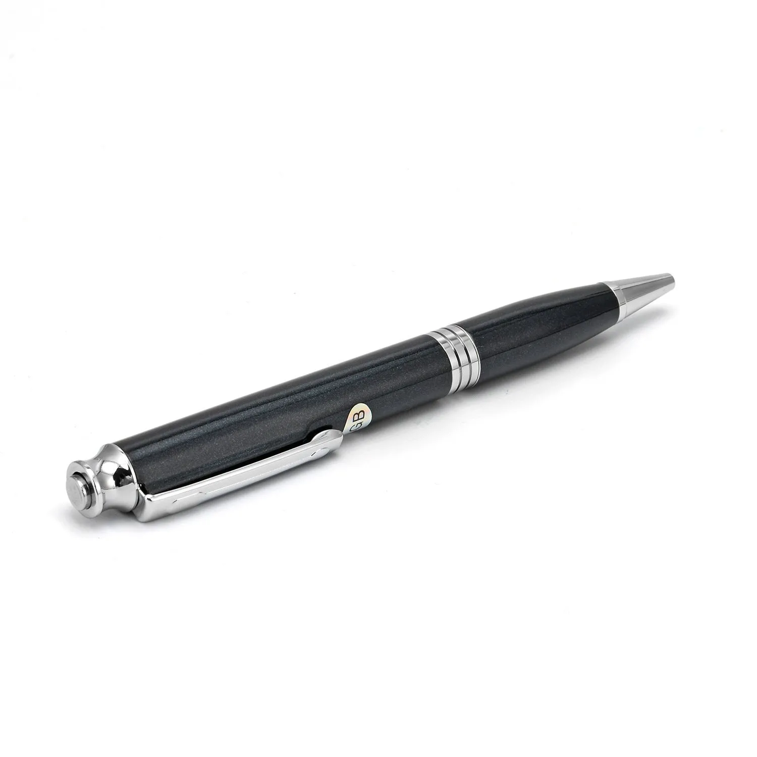 Black pen-style USB voice recorder MP3 player showing 120mm length and integrated USB connector.