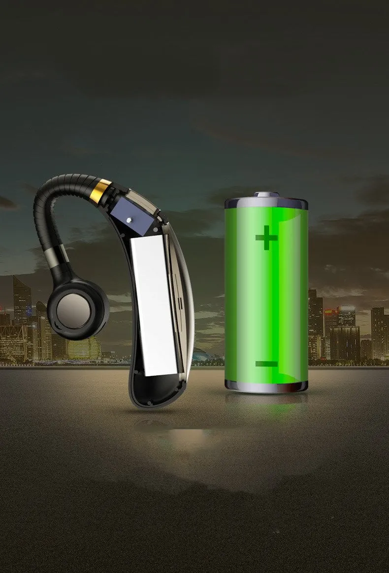 Wireless hanging ear business Bluetooth headset in black with charging port visible