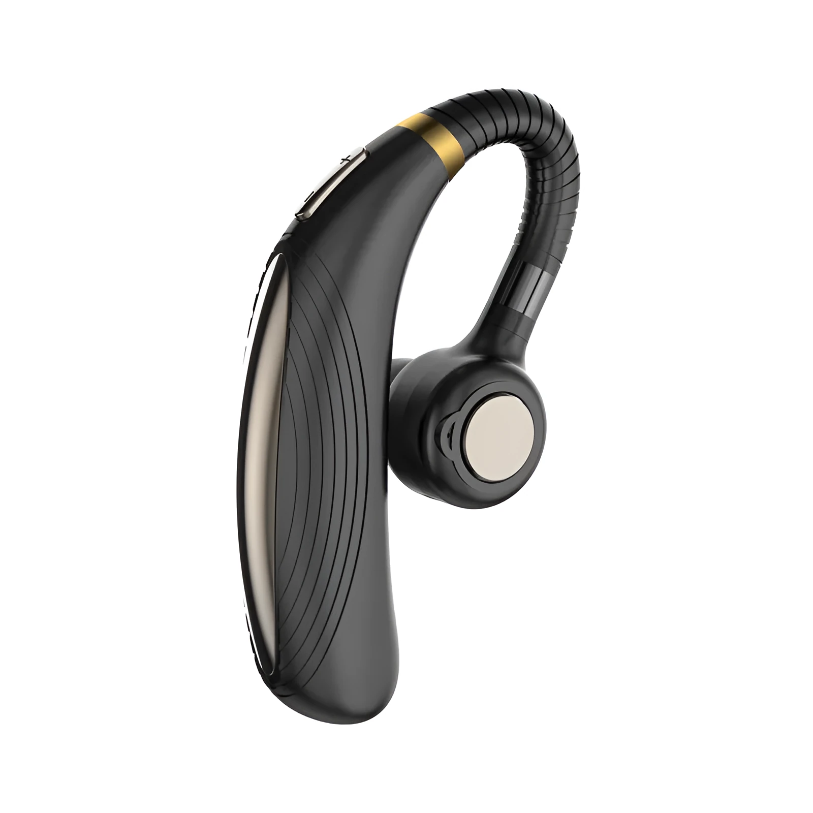 Wireless hanging ear business Bluetooth headset in black with charging port visible