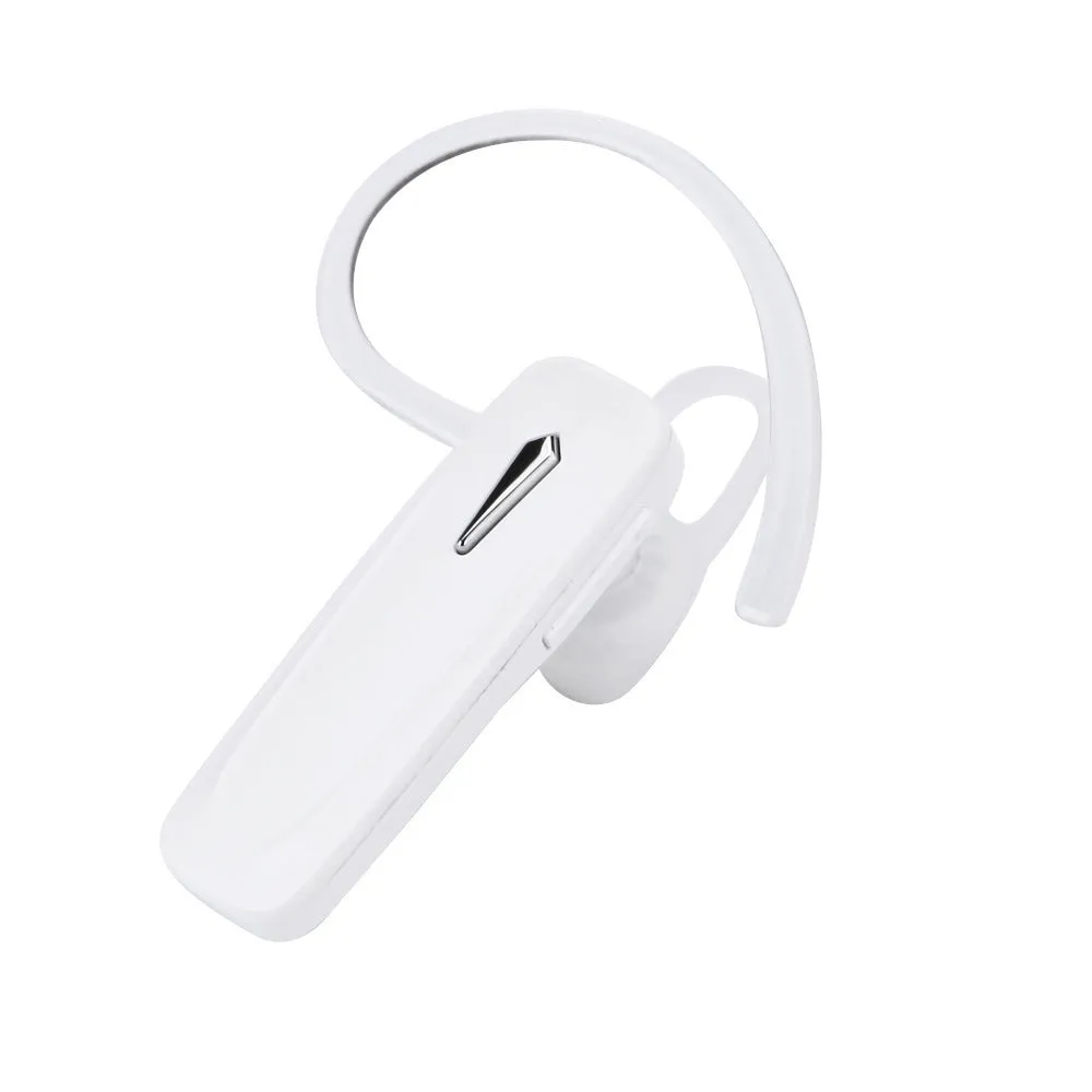 M165 wireless Bluetooth headset in black with hang-on ear design showing battery display