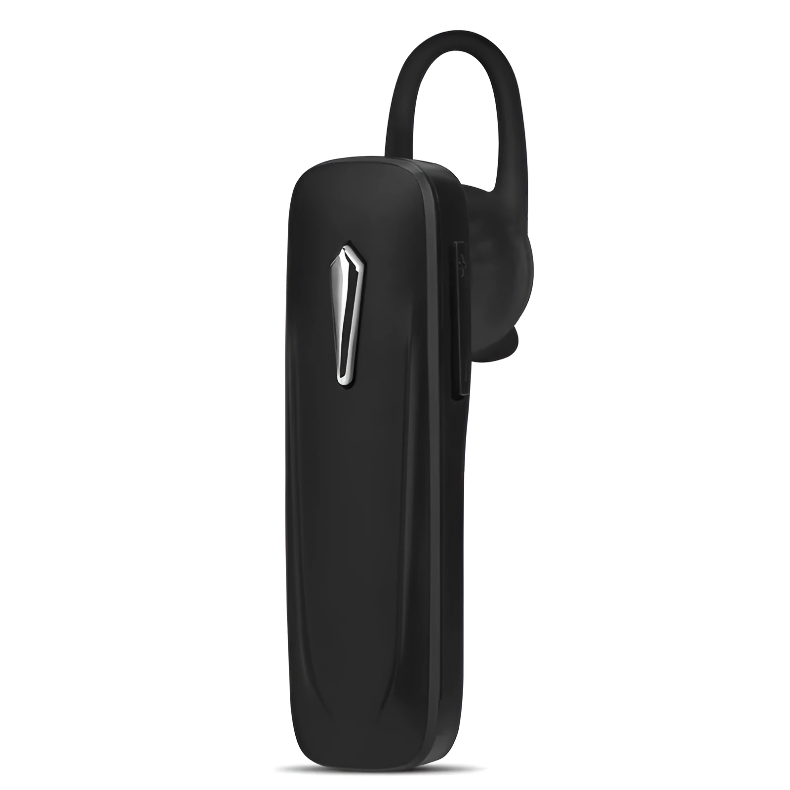 M165 wireless Bluetooth headset in black with hang-on ear design showing battery display