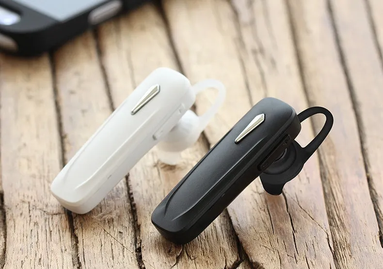 M165 wireless Bluetooth headset in black with hang-on ear design showing battery display
