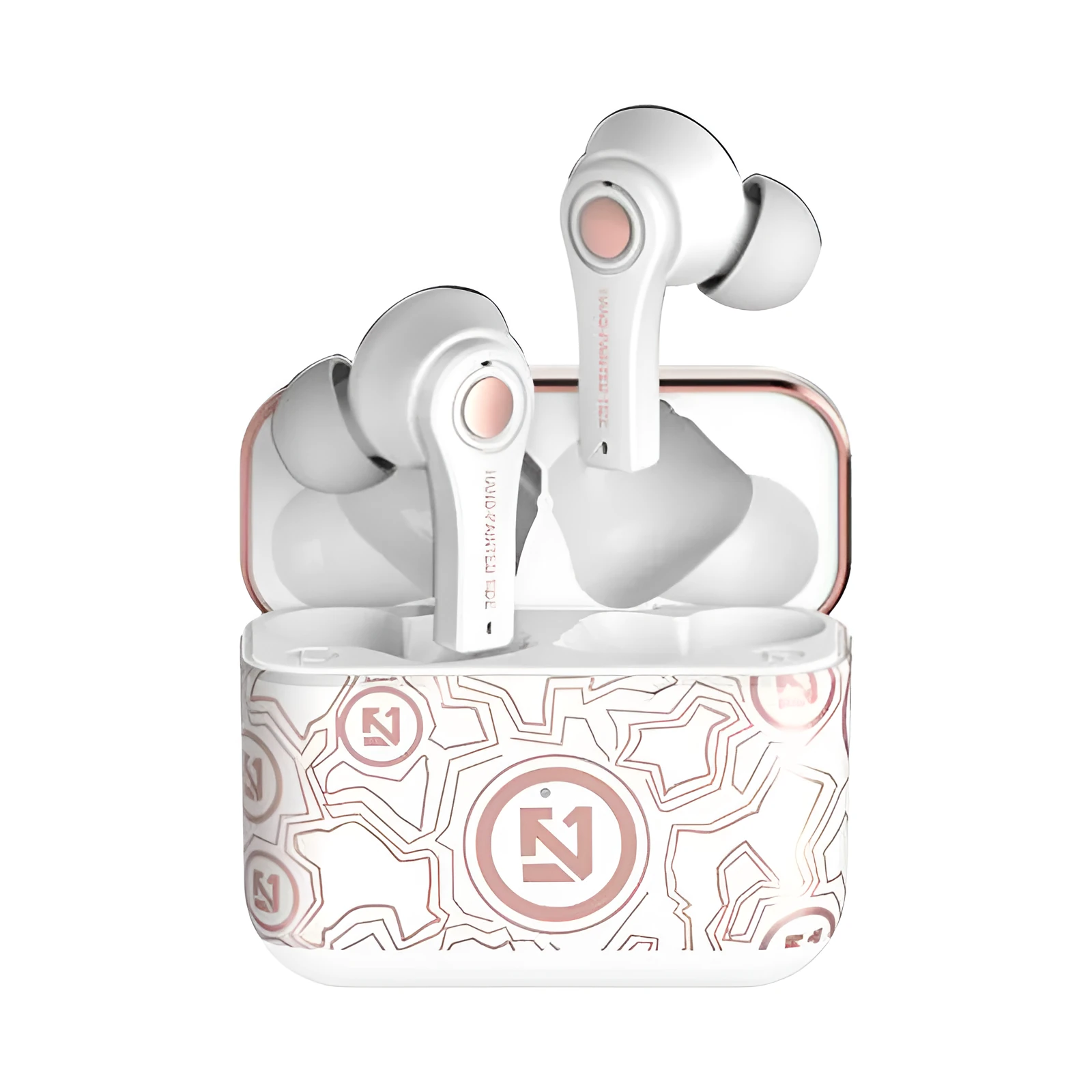 Black and white wireless Bluetooth headset with over-ear design.