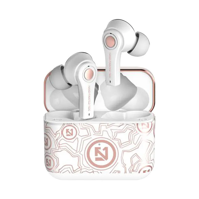 Black and white wireless Bluetooth headset with over-ear design.