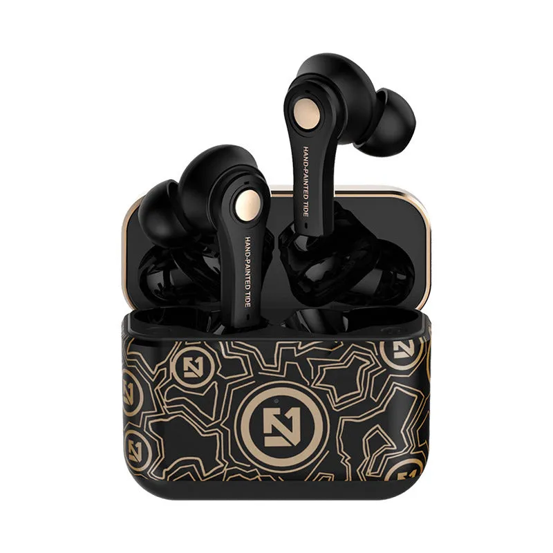 Black and white wireless Bluetooth headset with over-ear design.