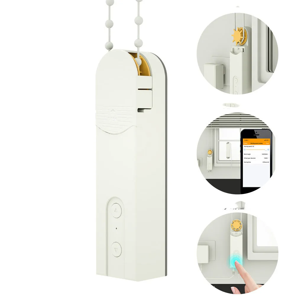 Smart curtain motor in white PC shell with Wi-Fi app control, timer switch, and choice of AU EU UK US plug versions