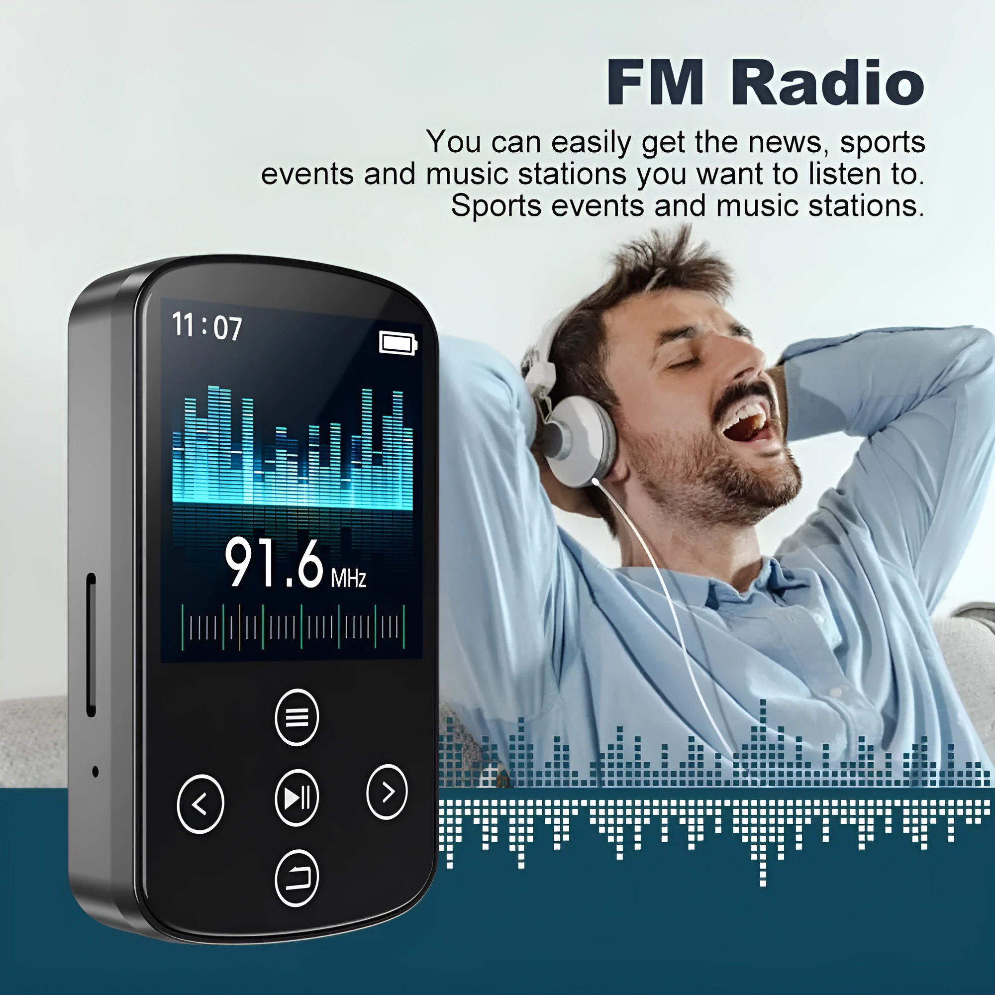Black Bluetooth music player with 1.5-inch touch screen and buttons, 60x35x18mm