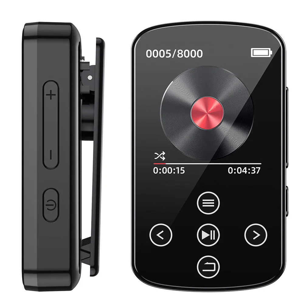 Black Bluetooth music player with 1.5-inch touch screen and buttons, 60x35x18mm
