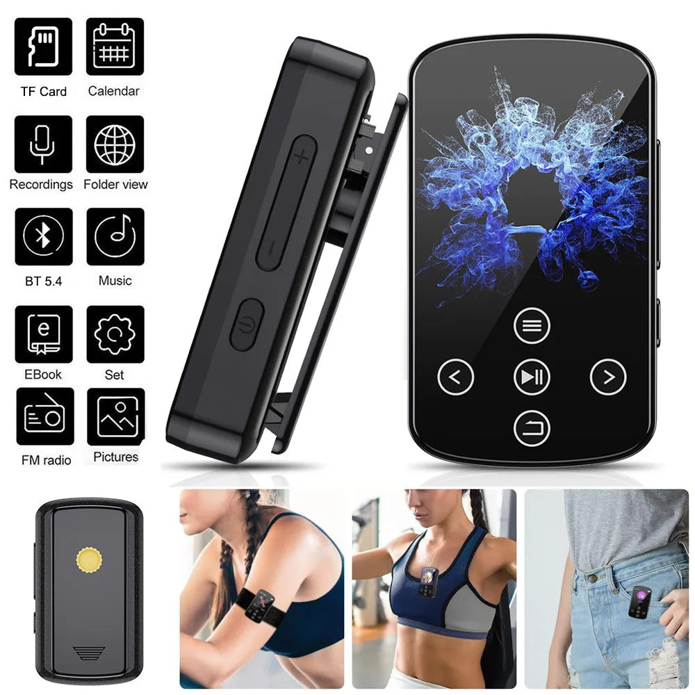 Black Bluetooth music player with 1.5-inch touch screen and buttons, 60x35x18mm