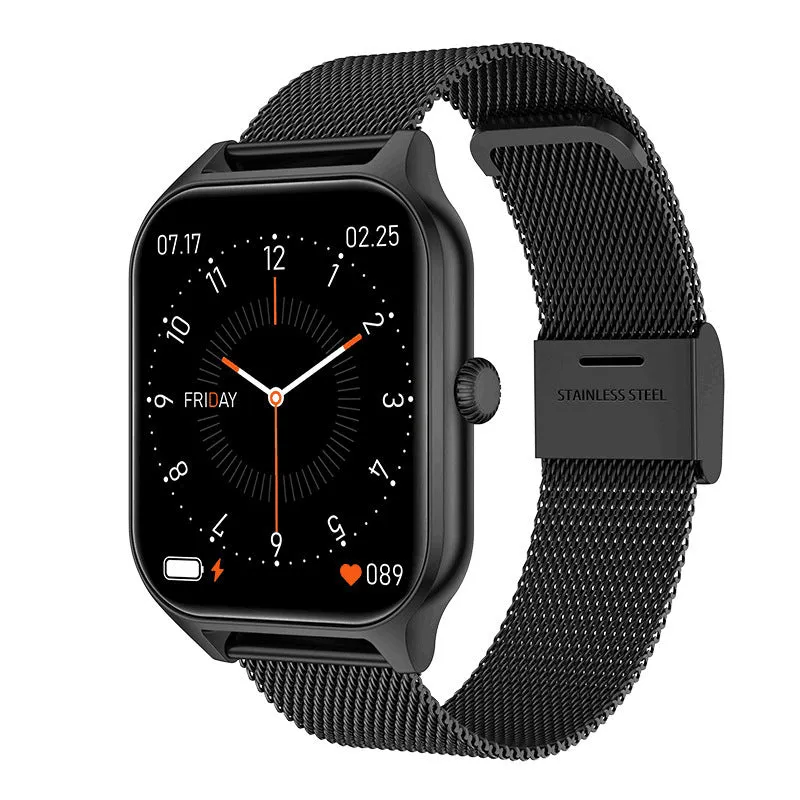 Smart watch with black steel strap displaying Bluetooth call and heart rate monitoring interface