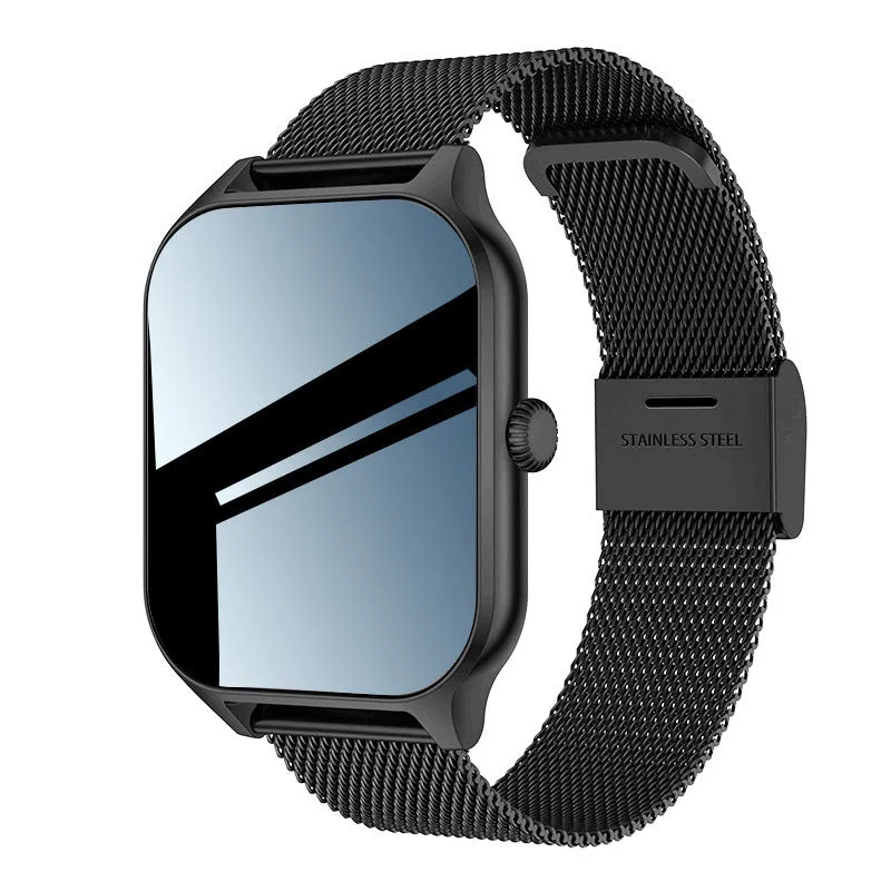 Smart watch with black steel strap displaying Bluetooth call and heart rate monitoring interface