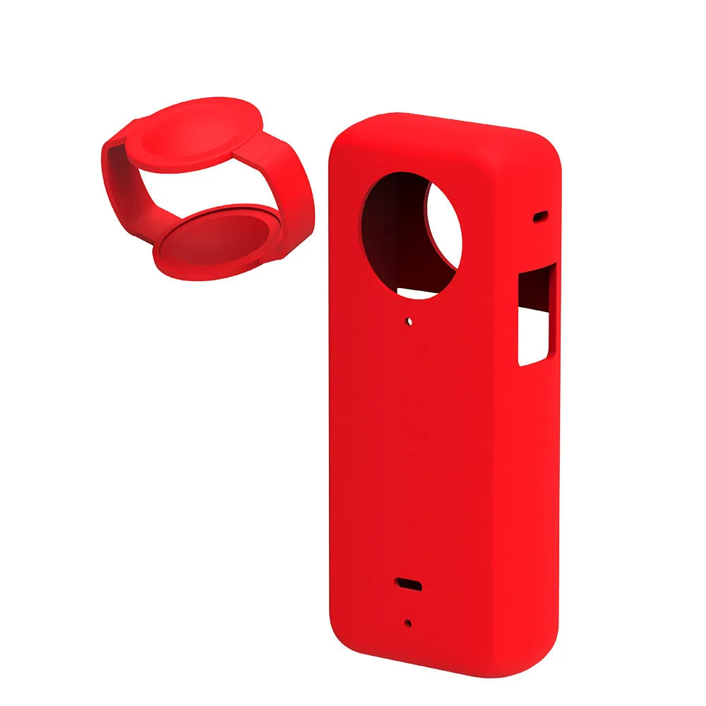 Insta360 ONE X3 silicone lens protective case in black, blue, and red colours, compact size