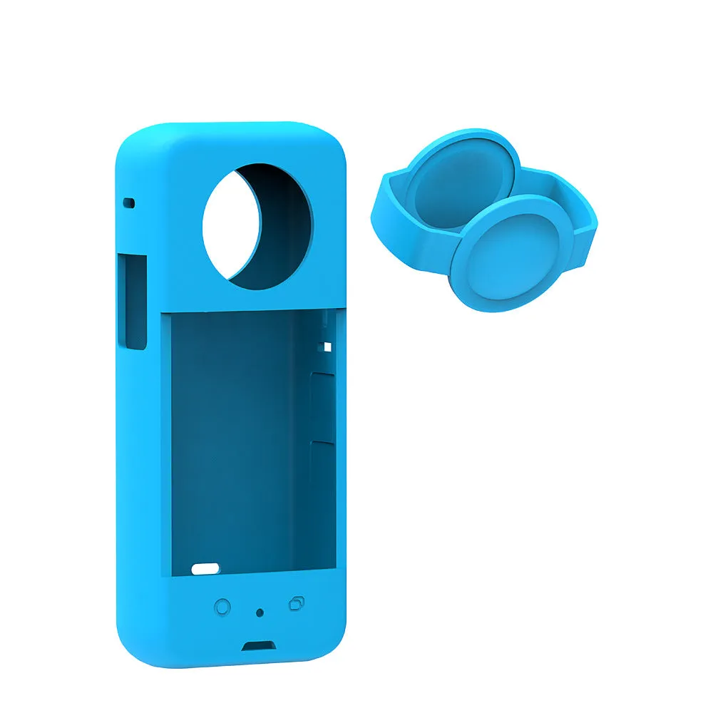 Insta360 ONE X3 silicone lens protective case in black, blue, and red colours, compact size