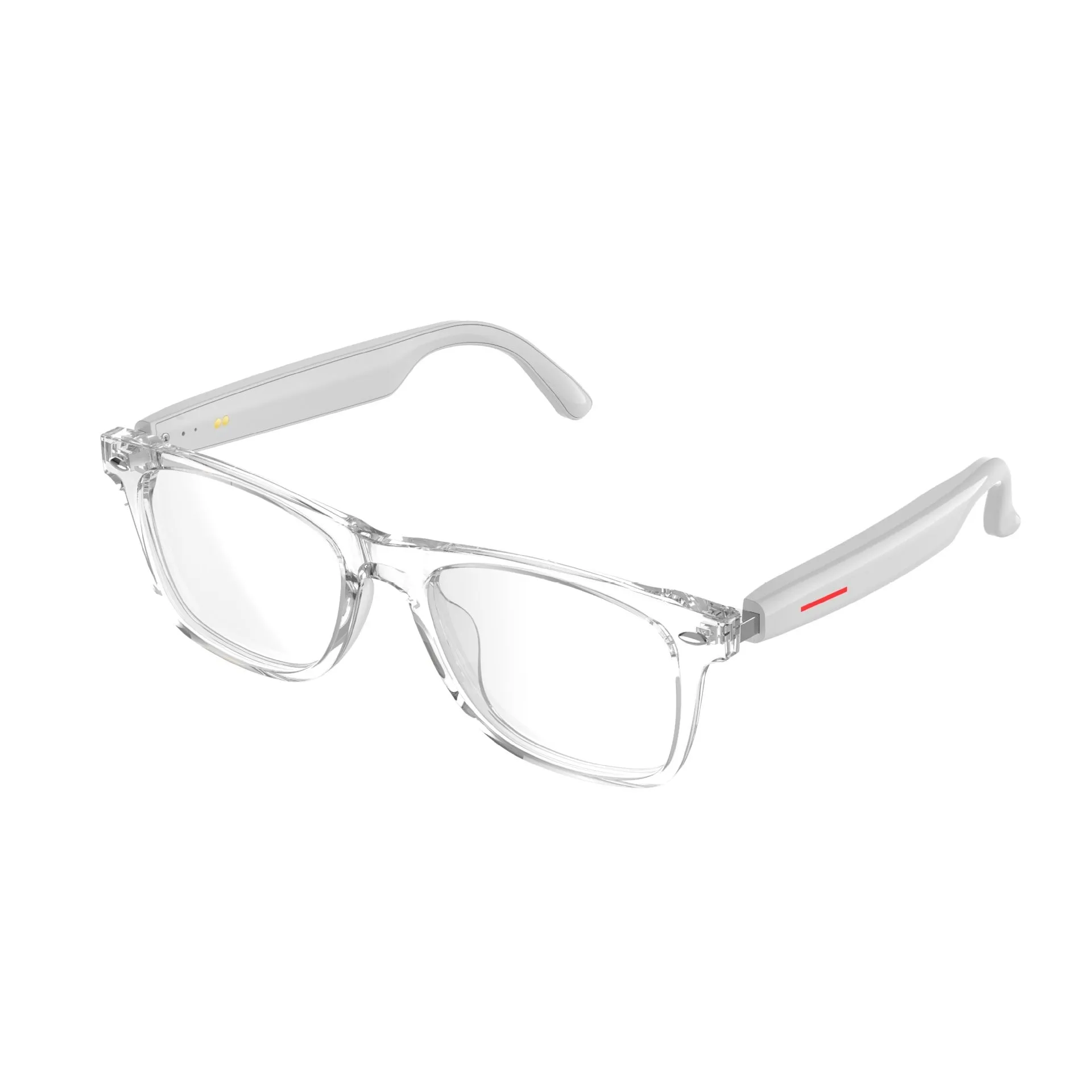White transparent Bluetooth smart glasses with PC frame and touch controls