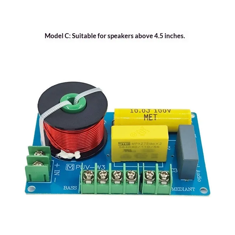 PUV-W3 three-way bookshelf speaker crossover circuit board measuring 100mm by 65mm